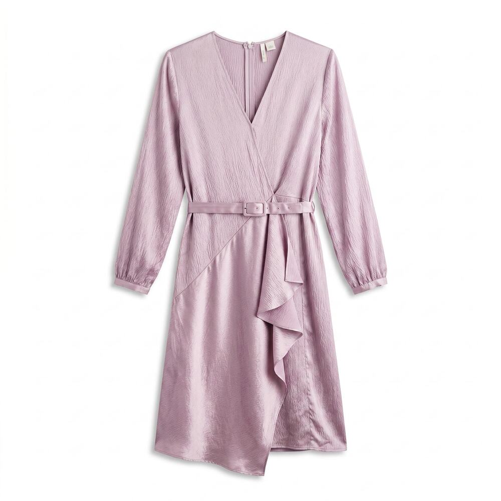 Lewit Lilac Crinkle 100% Silk Midi Dress Long Sleeve